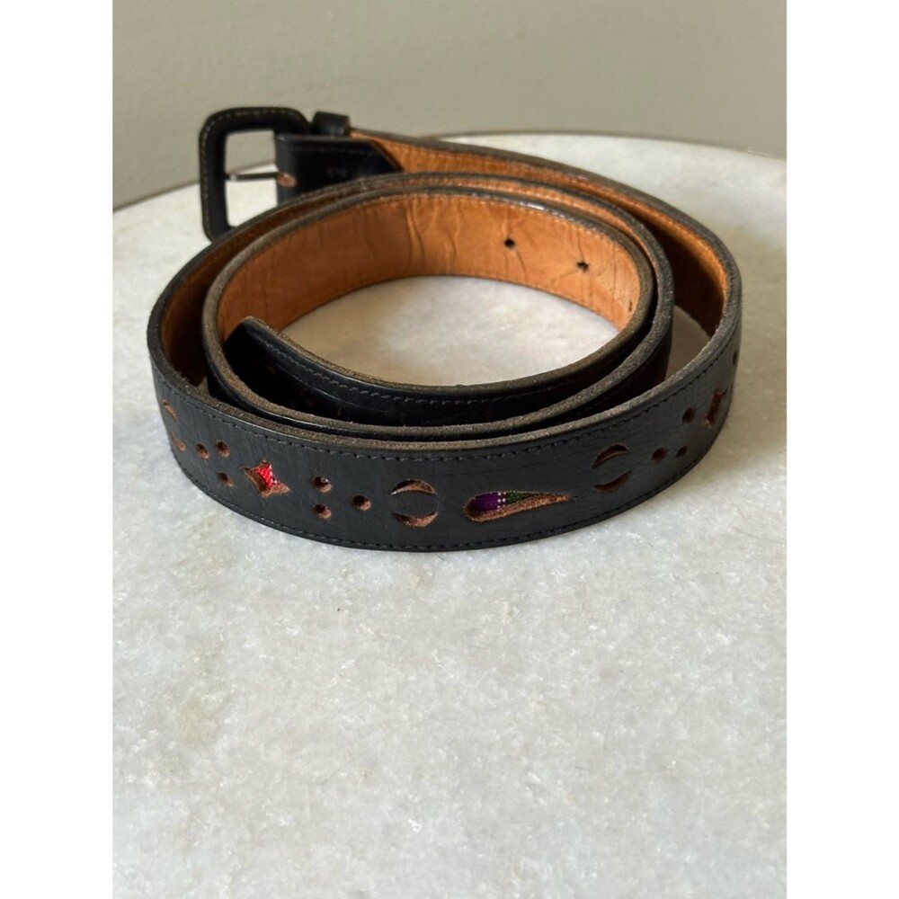 Whimsical Black Leather Casual Belt Cutouts Accents Multicolor Southwestern 42”